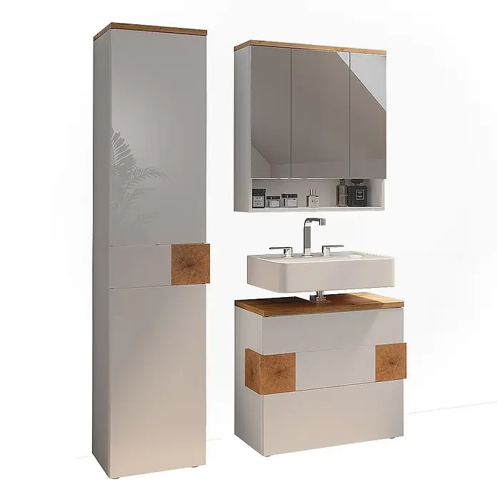 Vicco Badmöbel-Set Eden Weiß 3 Teile - Weiß Hochglanz, Glänzend - Modernes graues Badmöbel-Set mit Naturholz-Akzenten, bestehend aus Hochschrank, Spiegelschrank und Waschtisch mit integriertem Waschbecken.