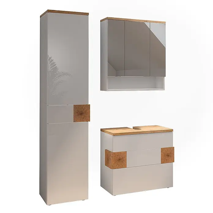 Vicco Badmöbel-Set Eden Weiß 3 Teile - Weiß Hochglanz, Glänzend - Hellesgraues Badmöbelset mit Holzplatten & Blockakzenten: Hochschrank, Spiegelschrank, Waschtischunterschrank.
