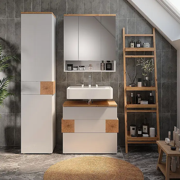 Vicco Badmöbel-Set Eden Weiß 3 Teile - Weiß Hochglanz, Glänzend - Weißer Badezimmerschrank mit Holz-Optik, Waschbecken und hohem Stauraumschrank in einem modernen Badezimmer.