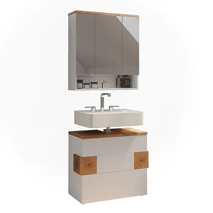 Vicco Badmöbel-Set Eden Weiß 2 Teile - Weiß Hochglanz, Glänzend - Badezimmermöbel-Set: hellgrauer Spiegelschrank mit Holzverkleidung, weißes Aufsatzwaschbecken und grauer Unterschrank mit Holzakzenten.