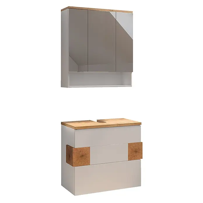 Vicco Badmöbel-Set Eden Weiß 2 Teile - Weiß Hochglanz, Glänzend - Zweiteiliges Badmöbelset in Hellgrau mit Holzapplikationen, bestehend aus einem Wandschrank mit Spiegeltüren und einem Waschtischunterschrank mit Holzplatte.