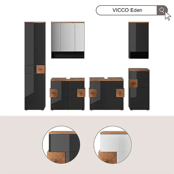Vicco Badmöbel-Set Eden Weiß 3 Teile - Weiß Hochglanz, Glänzend - Moderne schwarz-weiße Hochglanz-Badezimmermöbel mit Holz-Akzenten, darunter Schränke und Waschtischunterschränke mit dunklen Holzplatten.