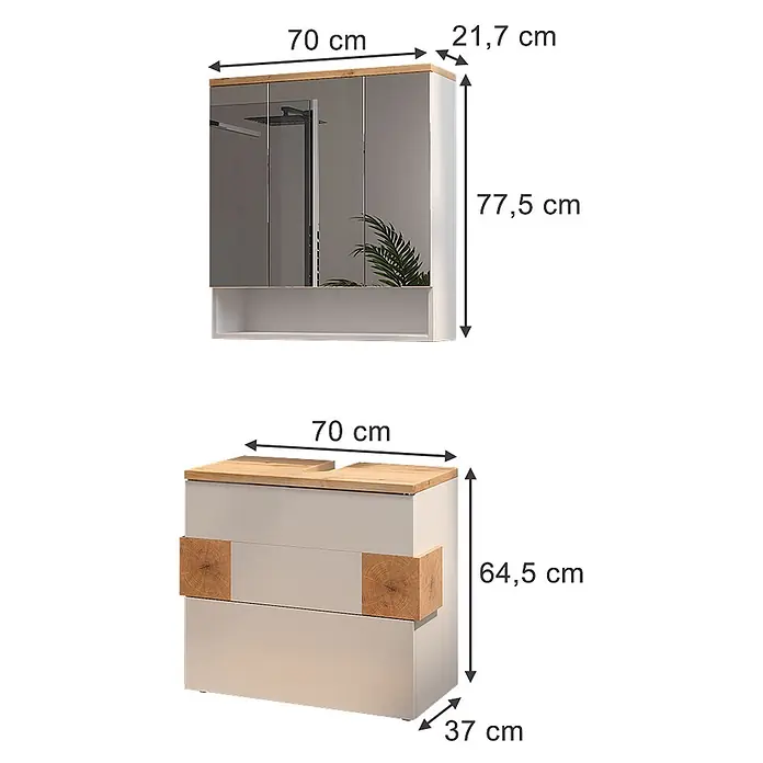Vicco Badmöbel-Set Eden Weiß 2 Teile - Weiß Hochglanz, Glänzend - Helles Badmöbel-Set mit Spiegelschrank, Holzplatte und passendem Waschtischunterschrank mit Holzplatte und Holzgriffen.