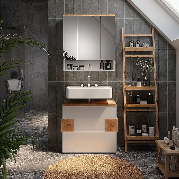 Vicco Badmöbel-Set Eden Weiß 2 Teile - Weiß Hochglanz, Glänzend - Weißes und hölzernes Badezimmermöbel mit rechteckigem Waschbecken und Spiegelschrank.