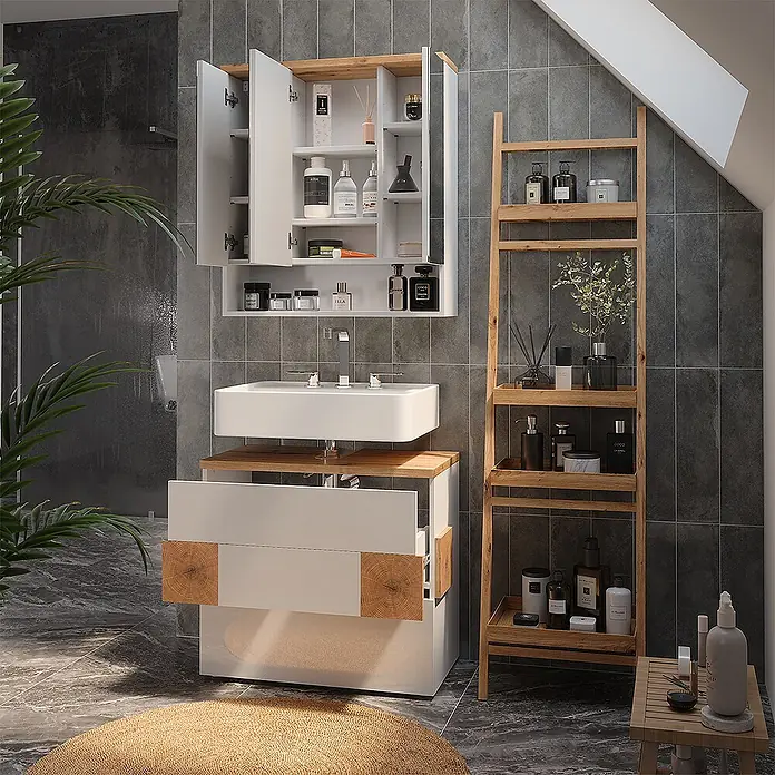 Vicco Badmöbel-Set Eden Weiß 2 Teile - Weiß Hochglanz, Glänzend - Modernes Bad mit weißem Waschtischunterschrank, Wandschrank und Holzleiterregal, mit rechteckigem Waschbecken und viel Stauraum.