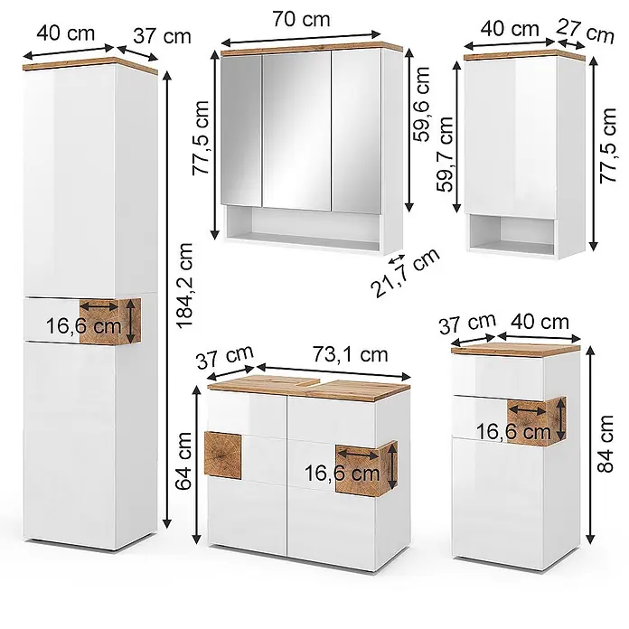 Vicco Badmöbel-Set Eden Weiß 5 Teile - Gesamtbreite Badmöbel: 153,1 cm, Weiß Hochglanz, Glänzend - Weißes Hochglanz-Badezimmerset mit Holzapplikationen, bestehend aus Hochschrank, Spiegelschrank und Unterschränken mit Maßen.