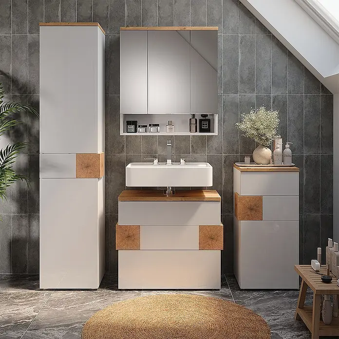 Vicco Badmöbel-Set Eden Weiß 5 Teile - Gesamtbreite Badmöbel: 153,1 cm, Weiß Hochglanz, Glänzend - Modernes weißes Badmöbel-Set mit Holzdetails, bestehend aus Waschtisch, Hochschrank und Beistellschrank.