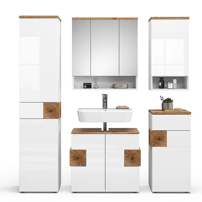 Vicco Badmöbel-Set Eden Weiß 5 Teile - Gesamtbreite Badmöbel: 153,1 cm, Weiß Hochglanz, Glänzend - Modernes weißes Badmöbel-Set mit Naturholz-Akzenten, bestehend aus Waschtisch, Spiegelschrank und Hochschränken.