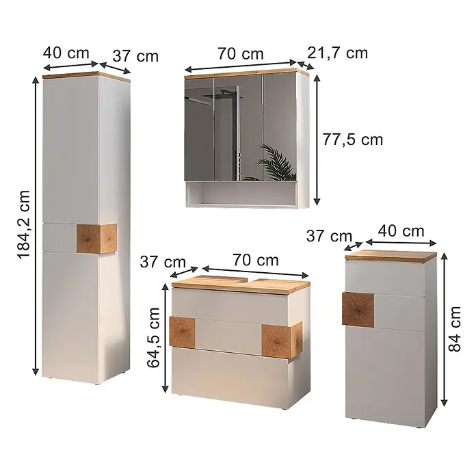 Vicco Badmöbel-Set Eden Weiß 4 Teile - Weiß Hochglanz, Glänzend - Badezimmermöbel-Set: hellgraue Schränke mit Holzplatten & Akzenten, inkl. Hochschrank, Spiegelschrank, Waschtisch & Unterschrank.