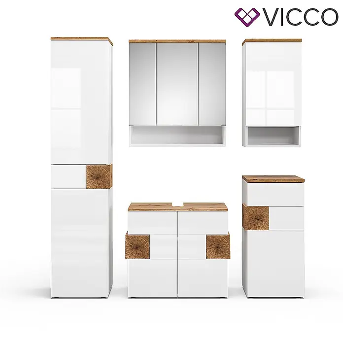 Vicco Badmöbel-Set Eden Weiß 5 Teile - Gesamtbreite Badmöbel: 153,1 cm, Weiß Hochglanz, Glänzend - Weißes Hochglanz Badmöbelset mit Echtholzakzenten und Arbeitsplatten, bestehend aus Schränken und Spiegelschrank.