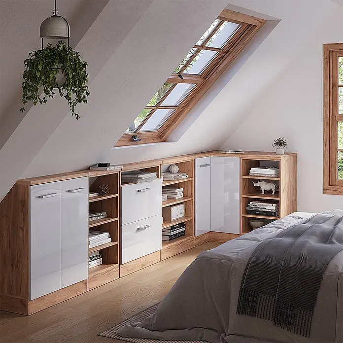 Vicco Schrankküche R-Line Weiß Hochglanz mit 1 Tür - Weiß Hochglanz, Eck-Dachschrägenschrank 76 cm - Dachschrägen-Aufbewahrungssystem in Holzoptik mit weißen Hochglanztüren und Regalen, passend für ein modernes Schlafzimmer.