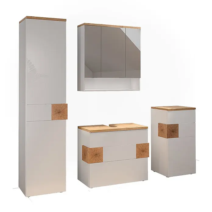 Vicco Badmöbel-Set Eden Weiß 4 Teile - Weiß Hochglanz, Glänzend - Helles graues Badmöbel-Set mit Naturholz-Akzenten und Spiegelschrank.