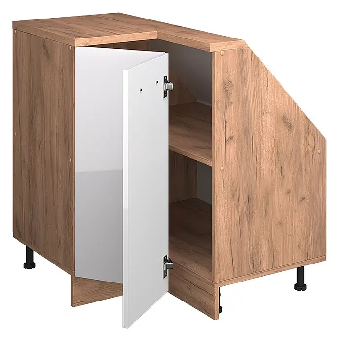 Vicco Schrankküche R-Line Weiß Hochglanz mit 1 Tür - Weiß Hochglanz, Eck-Dachschrägenschrank 76 cm - Holzoptik-Eckunterschrank mit weißer Hochglanztür, geöffnet zeigt Regale. Abgeschrägtes Design, verstellbare Füße.