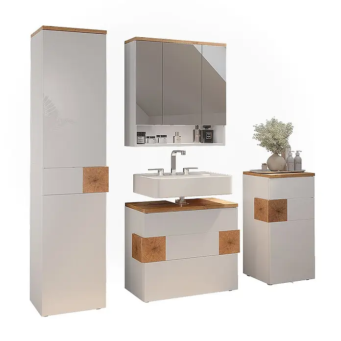 Vicco Badmöbel-Set Eden Weiß 4 Teile - Weiß Hochglanz, Glänzend - Weißes Hochglanz-Badmöbel-Set mit Naturholz-Akzenten: Hochschrank, Waschtisch mit Waschbecken, Spiegelschrank und Beistellschrank.
