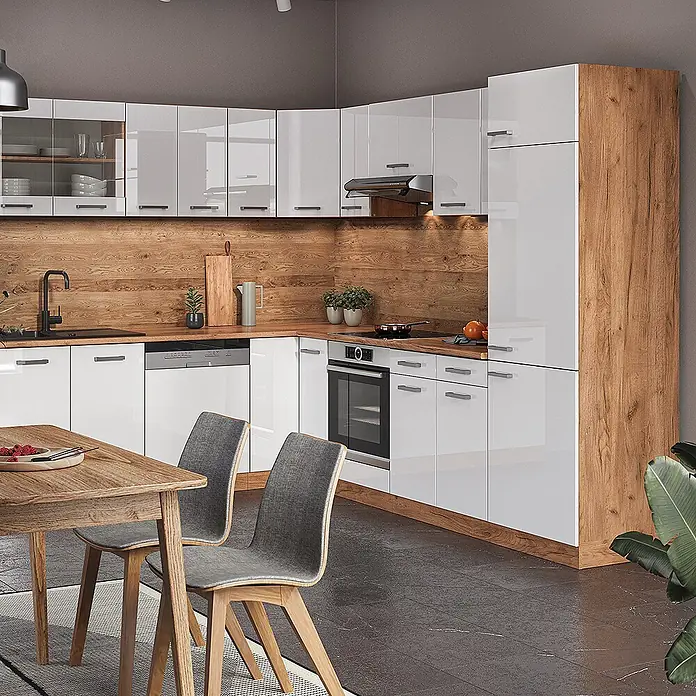 Vicco Eckküche R-Line Weiß Hochglanz/Goldkraft Eiche, AP Anthrazit - B x T: 287 x 60 cm, Weiß Hochglanz, Ohne Elektrogeräte - Moderne Küche mit weißen Hochglanzfronten, Holzarbeitsplatten und integrierten Geräten.