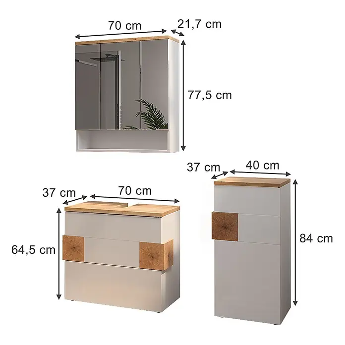 Vicco Badmöbel-Set Eden Weiß 3 Teile - Weiß Hochglanz, Glänzend - Hellgraues Badmöbel-Set mit Holzplatten und Akzenten, bestehend aus Spiegelschrank, Waschtischunterschrank und Hochschrank, bemaßt.