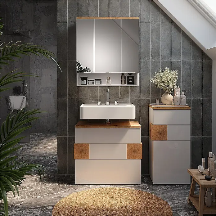 Vicco Badmöbel-Set Eden Weiß 3 Teile - Weiß Hochglanz, Glänzend - Weißer Badschrank mit integriertem Waschbecken und passendem Hochschrank, mit Holzplatten und Akzenten.