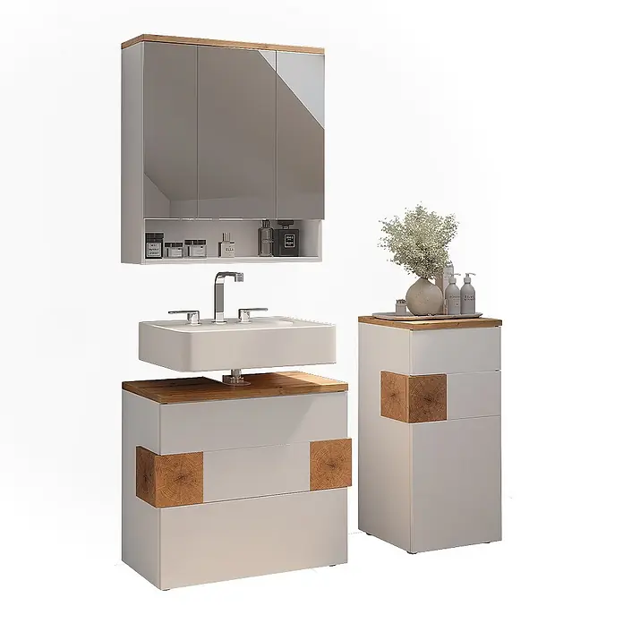 Vicco Badmöbel-Set Eden Weiß 3 Teile - Weiß Hochglanz, Glänzend - Modernes weißes Badmöbelset mit Holzakzenten, bestehend aus Spiegelschrank, Waschtisch mit Waschbecken und Hochschrank.