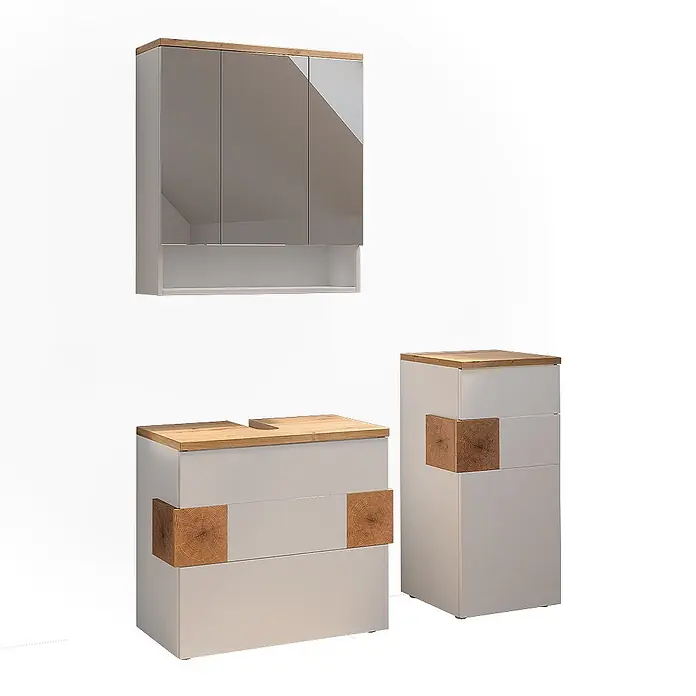 Vicco Badmöbel-Set Eden Weiß 3 Teile - Weiß Hochglanz, Glänzend - Badezimmermöbel-Set: hellgraue Schränke mit Naturholzplatten und dekorativen Holzblock-Akzenten. Spiegelschrank, Waschbeckenunterschrank, Hochschrank.