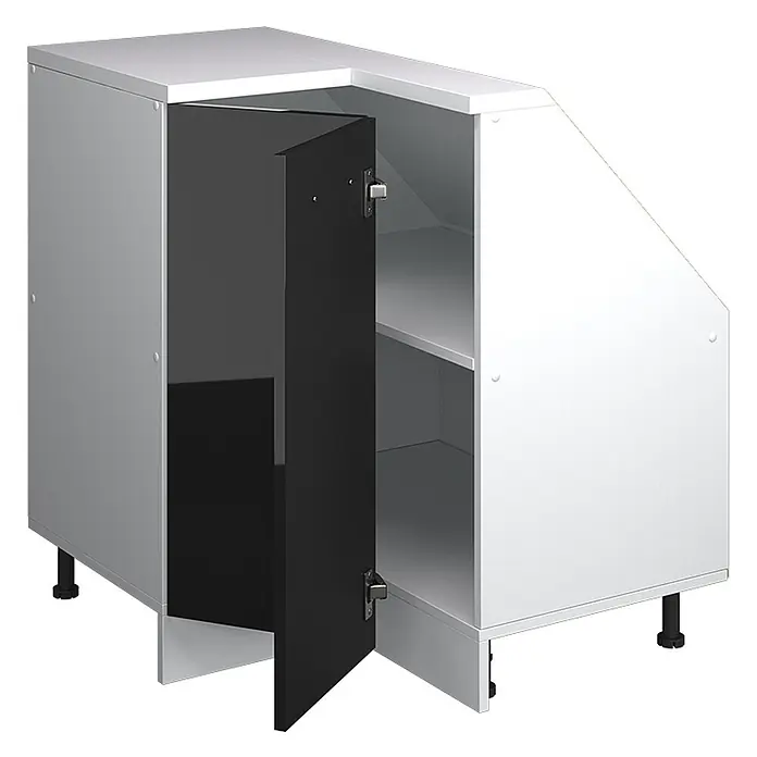 Vicco Küchenleerblock R-Line Schwarz Hochglanz mit 1 Tür - Breite: 75,6 cm, Schwarz Hochglanz - Weißer Eckunterschrank mit offener schwarzer Tür, die Innenregale und verstellbare Füße zeigt.