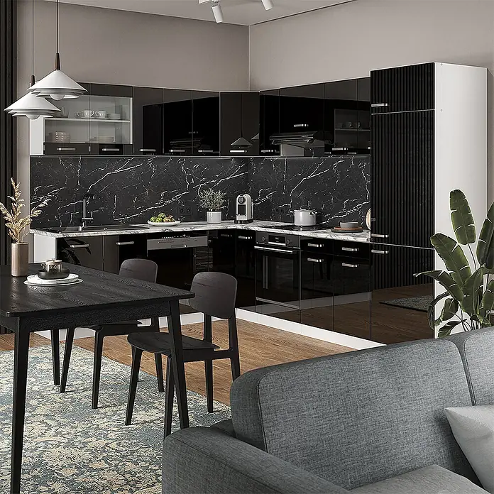 Vicco Eckküche R-Line Schwarz Hochglanz, AP Marmor - B x T: 287 x 60 cm, Schwarz Hochglanz, Ohne Elektrogeräte - Moderne L-förmige Küche mit schwarzen Hochglanzschränken, weißen Arbeitsplatten und schwarzer Marmorrückwand.