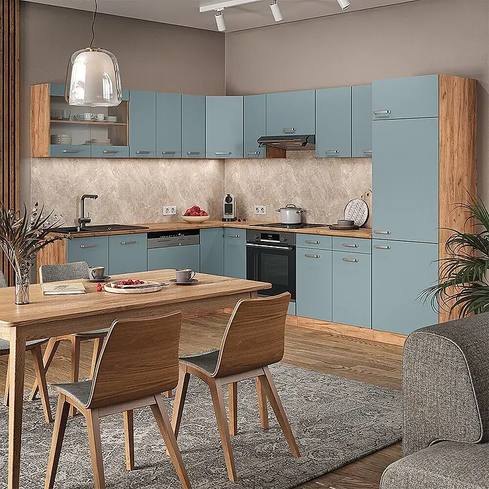 Vicco Eckküche R-Line Blau-Grau/Goldkraft Eiche ohne Arbeitsplatte - Blau-Grau, Ohne Elektrogeräte - L-förmige Küche mit taubenblauen Fronten, Holz-Arbeitsplatten und Einbaugeräten. Mit Ober- und Unterschränken sowie Hochschrank.