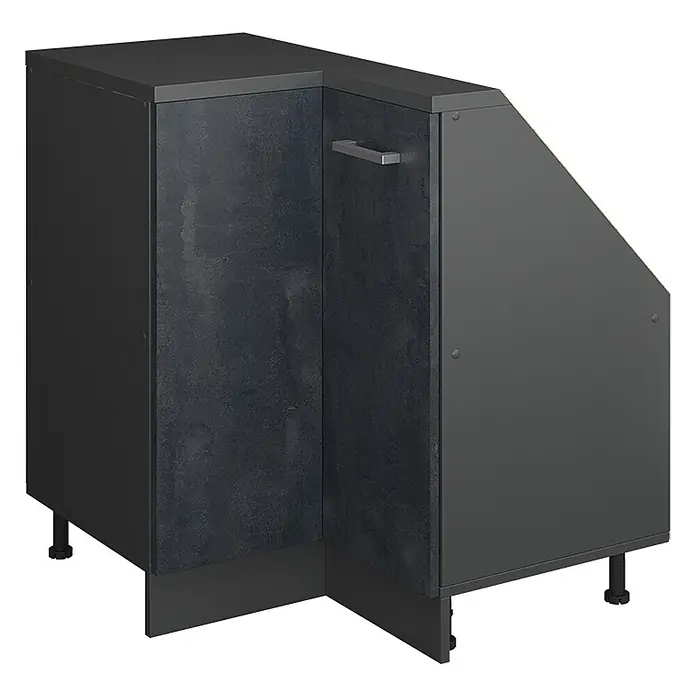 Vicco Küchenleerblock R-Line Schwarz Beton mit 1 Tür - Breite: 75,6 cm, Schwarz Beton - Dunkelgrauer L-förmiger Eckunterschrank mit strukturierten Türen, silbernem Griff und verstellbaren Füßen.