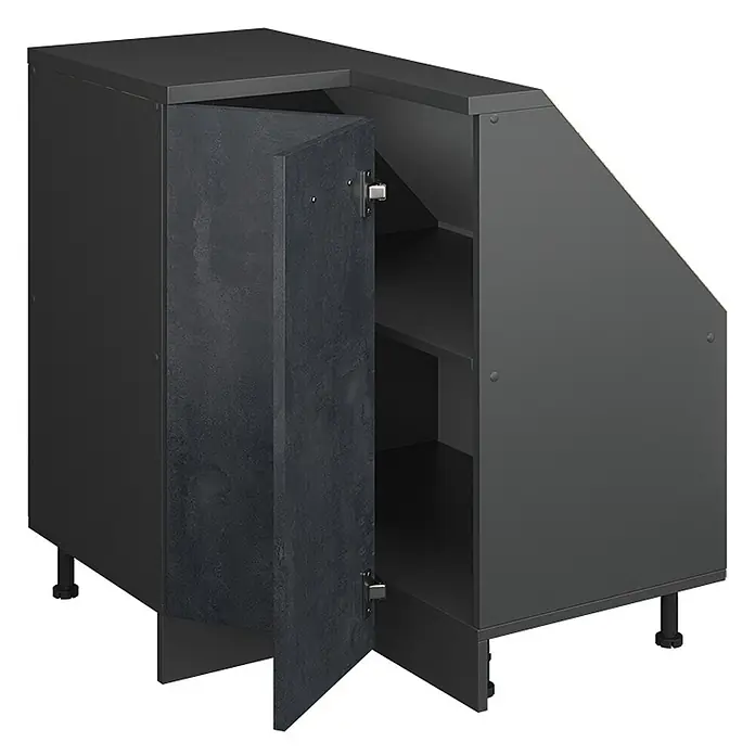 Vicco Küchenleerblock R-Line Schwarz Beton mit 1 Tür - Breite: 75,6 cm, Schwarz Beton - Dunkelgrauer Küchen-Eckunterschrank mit offener Tür, der Innenregale und verstellbare Füße zeigt.