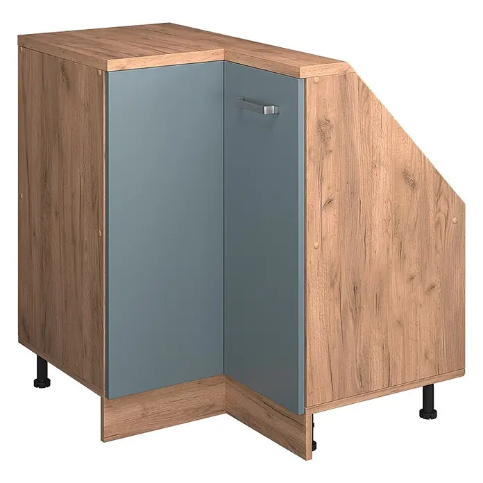 Vicco Küchenleerblock R-Line Blau-Grau mit 1 Tür - Breite: 75,6 cm, Blau-Grau - L-förmiger Küchenunterschrank in heller Holzoptik und Blaugrau, mit angeschrägter rechter Seite, Metallgriff und verstellbaren Füßen.