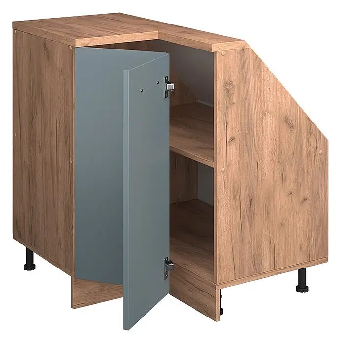 Vicco Küchenleerblock R-Line Blau-Grau mit 1 Tür - Breite: 75,6 cm, Blau-Grau - Brauner Eckschrank in Holzoptik mit grauer Tür, die Regale zeigt. Abgeschrägtes Design für den Stauraum unter der Treppe.