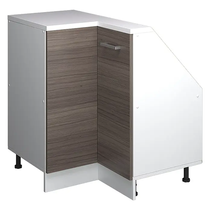 Vicco Schrankküche R-Line Edelgrau mit 1 Tür - Edelgrau, Eck-Dachschrägenschrank 76 cm - Weißer Eckunterschrank für die Küche mit dunkelbraunen Holzmaserungstüren, schräger Seitenwand und Metallgriff.