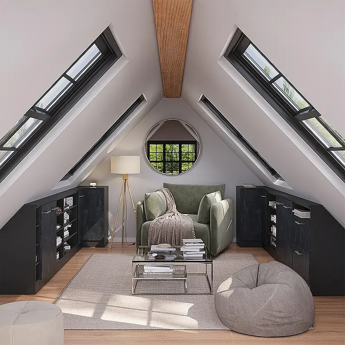 Vicco Küchenleerblock R-Line Schwarz Beton mit 1 Tür - Breite: 75,6 cm, Schwarz Beton - Gemütliche Dachgeschoss-Lounge mit grünem Sessel, Glas-Couchtisch und dunklen Einbauschränken unter Dachfenstern.