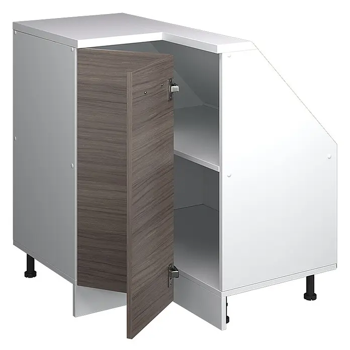 Vicco Schrankküche R-Line Edelgrau mit 1 Tür - Edelgrau, Eck-Dachschrägenschrank 76 cm - Weißer Eckunterschrank mit offener dunkler Holztür, sichtbaren Regalböden und verstellbaren Füßen.