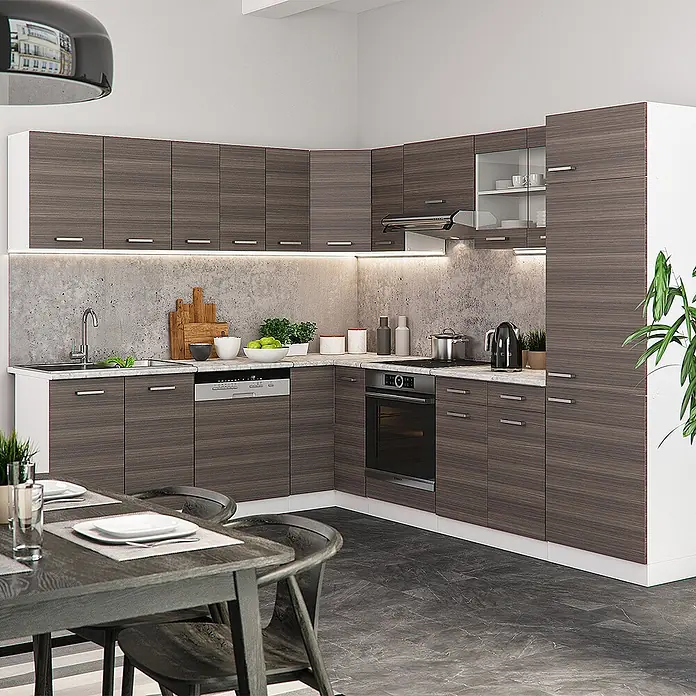 Vicco Eckküche R-Line Edelgrau/Weiß, AP Anthrazit - B x T: 287 x 60 cm, Edelgrau, Ohne Elektrogeräte - Eckküchenschrank-Set in dunkler Holzmaserung mit weißen Arbeitsplatten, integriert mit Geräten.