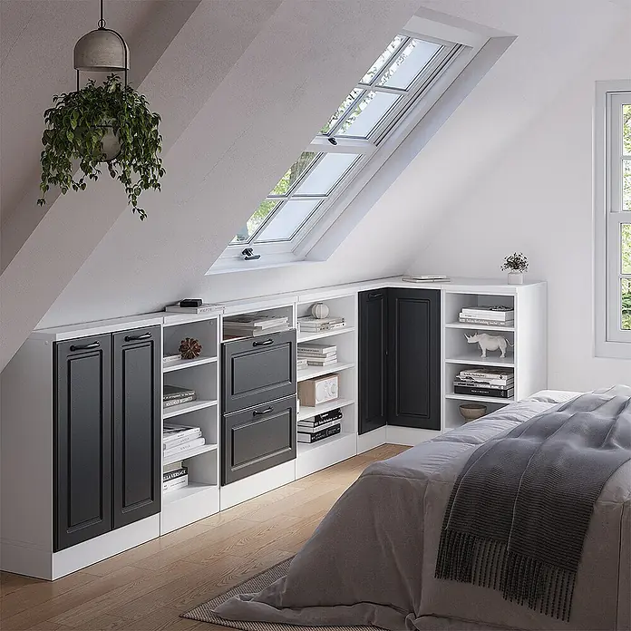 Vicco Schrankküche R-Line Anthrazit Landhaus mit 1 Tür - Anthrazit Landhaus, Eck-Dachschrägenschrank 76 cm - Weiße und schwarze Einbauschränke unter einer Dachschräge, neben einem Bett.