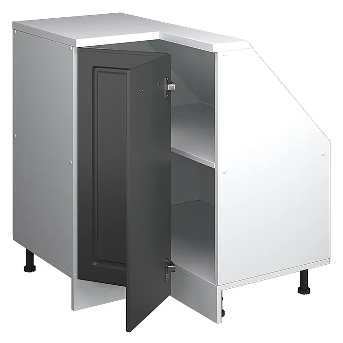 Vicco Schrankküche R-Line Anthrazit Landhaus mit 1 Tür - Anthrazit Landhaus, Eck-Dachschrägenschrank 76 cm - Weißer Eckunterschrank mit dunkelgrauer Tür, offenen Regalböden und verstellbaren Füßen.