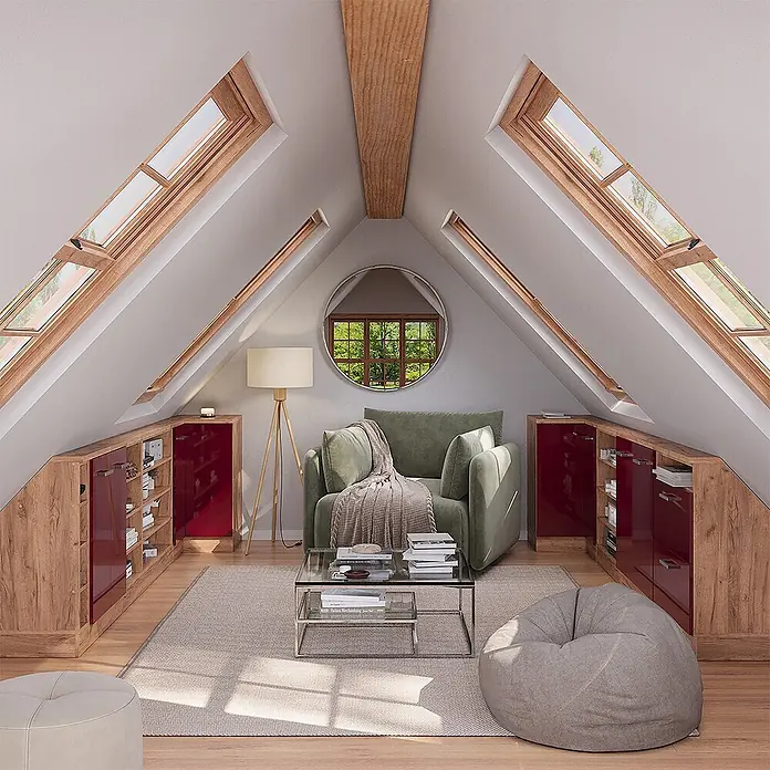 Vicco Schrankküche R-Line Rot Hochglanz mit 1 Tür - Rot Hochglanz, Eck-Dachschrägenschrank 76 cm - Integrierte Dachbodenschränke mit Holzoptikrahmen und glänzenden roten Türen in einem schrägen Wohnbereich.