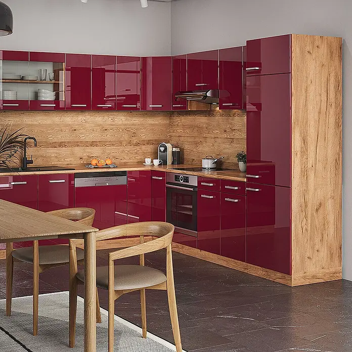 Vicco Schrankküche R-Line Rot Hochglanz mit 1 Tür - Rot Hochglanz, Eck-Dachschrägenschrank 76 cm - Moderne Eckküche mit glänzenden roten und Holzdekor-Schränken, integriertem Ofen und Geschirrspüler.