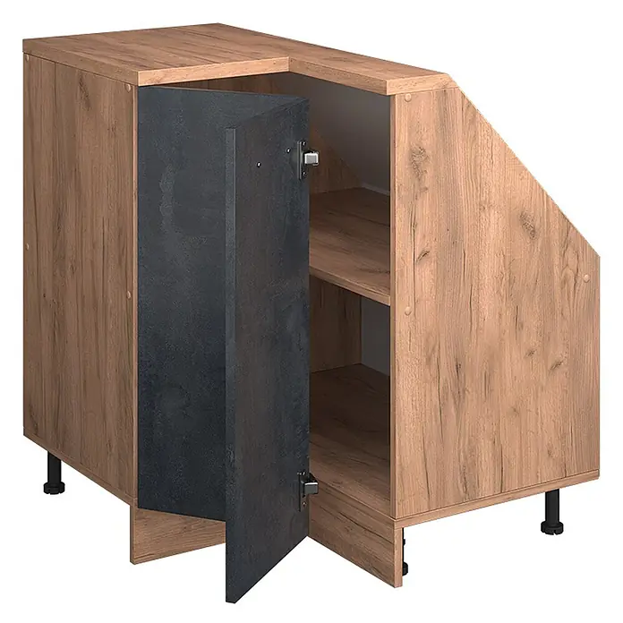 Vicco Küchenleerblock R-Line Schwarz Beton mit 1 Tür - Breite: 75,6 cm, Schwarz Beton - Eckunterschrank aus Holz mit abgeschrägter Seite, dunkelgrauer Tür, die Regale offenbart, auf verstellbaren schwarzen Füßen.