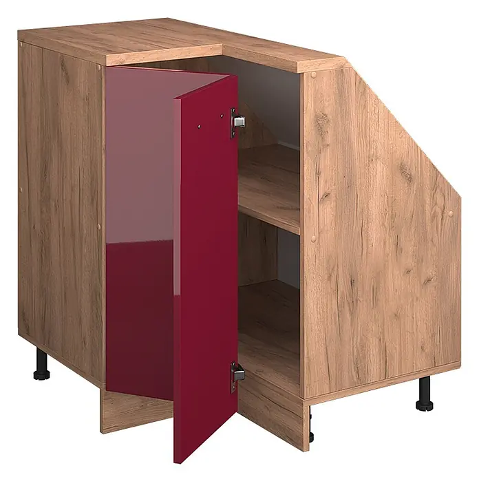 Vicco Schrankküche R-Line Rot Hochglanz mit 1 Tür - Rot Hochglanz, Eck-Dachschrägenschrank 76 cm - Schrank in Holzoptik mit hochglänzender roter Tür, passend für Dachschrägen.