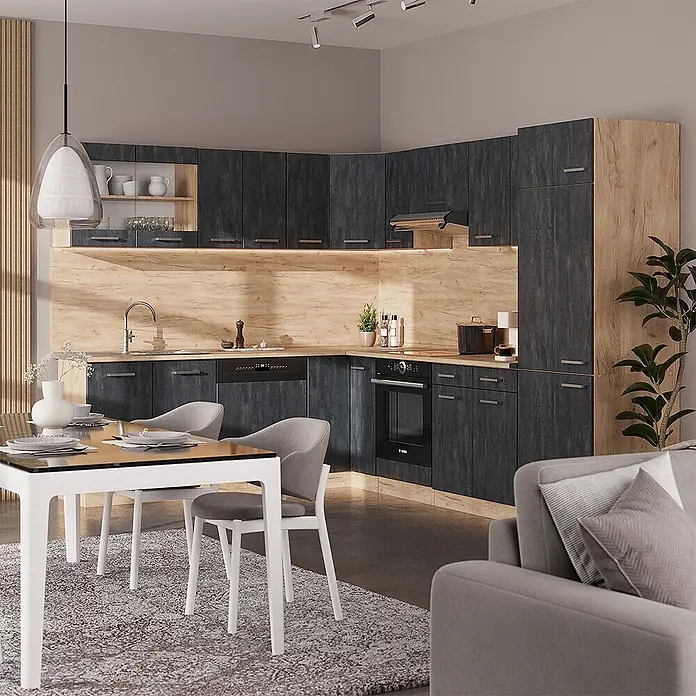 Vicco Eckküche R-Line Schwarz Beton/Goldkraft Eiche AP Anthrazit - B x T: 287 x 60 cm, Schwarz Beton, Ohne Elektrogeräte - Moderne Küche mit dunkelgrauen Schränken und hellen Holzakzenten, mit integrierten Geräten und offenem Essbereich.