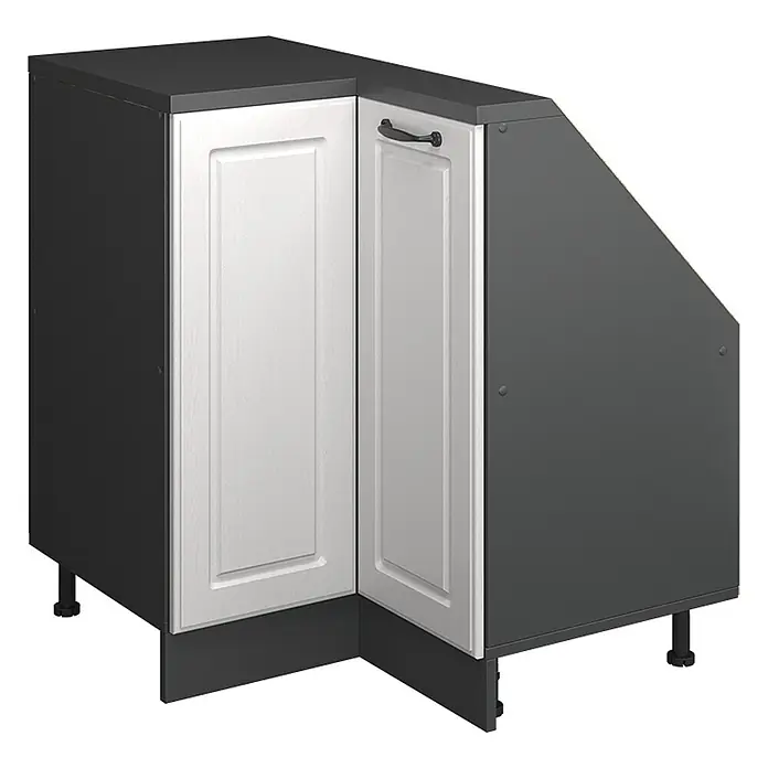 Vicco Schrankküche R-Line Weiß Landhaus mit 1 Tür - Weiß Landhaus, Eck-Dachschrägenschrank 76 cm - Dunkelgrauer Kücheneckunterschrank mit weißen Kassettentüren, schwarzen Griffen, Sockel und verstellbaren Füßen.