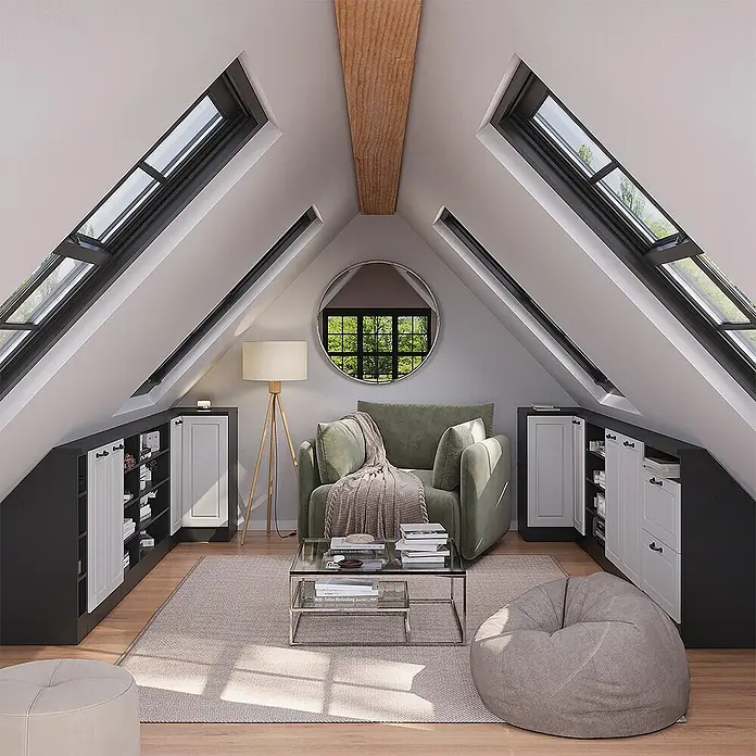 Vicco Schrankküche R-Line Weiß Landhaus mit 1 Tür - Weiß Landhaus, Eck-Dachschrägenschrank 76 cm - Gemütliches Dachzimmer mit eleganten schwarzen und weißen Einbauschränken unter schrägen Decken, die einen grünen Sessel akzentuieren.