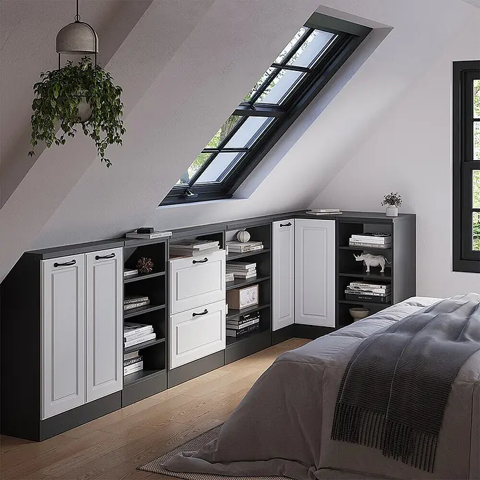 Vicco Schrankküche R-Line Weiß Landhaus mit 1 Tür - Weiß Landhaus, Eck-Dachschrägenschrank 76 cm - Einbau-Dachschrägenschrank in Dunkelgrau und Weiß mit Schränken, Schubladen und offenen Fächern.