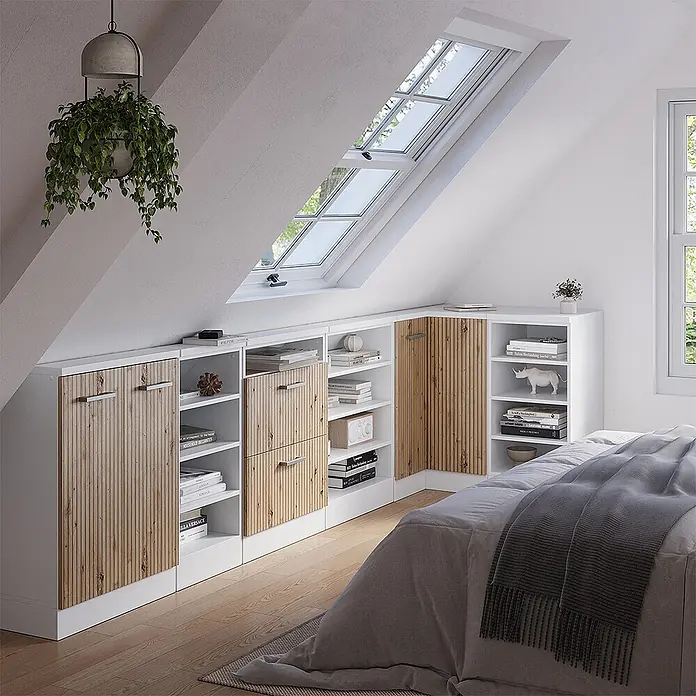 Vicco Schrankküche R-Line Artisan-Eiche mit 1 Tür - Artisan-Eiche, Eck-Dachschrägenschrank 76 cm - Weiße maßgefertigte Schranksysteme mit Lamellenfronten aus Holz und offenen Regalen für Dachschrägen.