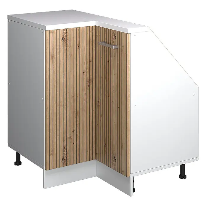 Vicco Schrankküche R-Line Artisan-Eiche mit 1 Tür - Artisan-Eiche, Eck-Dachschrägenschrank 76 cm - Weißer Eckunterschrank mit gerippten Holztüren und silbernem Griff.