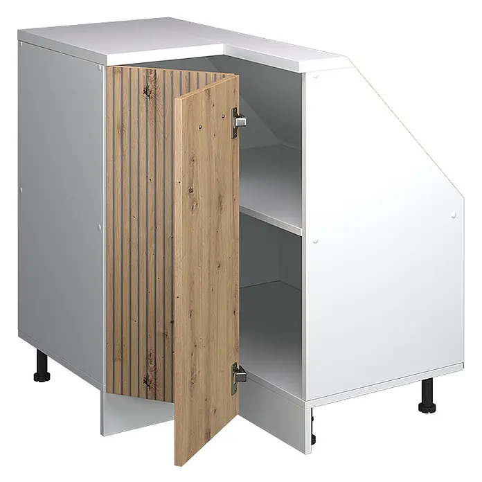 Vicco Schrankküche R-Line Artisan-Eiche mit 1 Tür - Artisan-Eiche, Eck-Dachschrägenschrank 76 cm - Weißer Eckunterschrank mit offener Holztür, zeigt Innenregale. Mit verstellbaren Füßen.