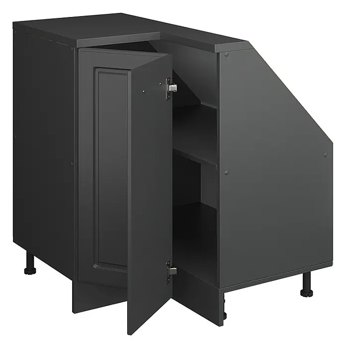 Vicco Schrankküche R-Line Anthrazit Landhaus mit 1 Tür - Anthrazit Landhaus, Eck-Dachschrägenschrank 76 cm - Schwarzer Eck-Unterschrank mit zwei Türen, eine offen mit Regalen, verstellbaren Füßen.
