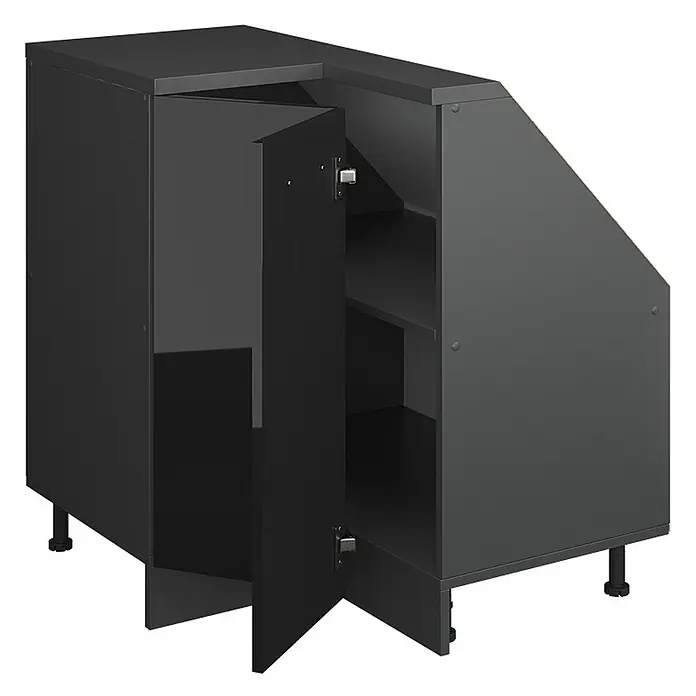 Vicco Küchenleerblock R-Line Schwarz Hochglanz mit 1 Tür - Breite: 75,6 cm, Schwarz Hochglanz - Schwarzer abgeschrägter Küchenunterschrank mit zwei offenen Türen und Regalen, auf Füßen.