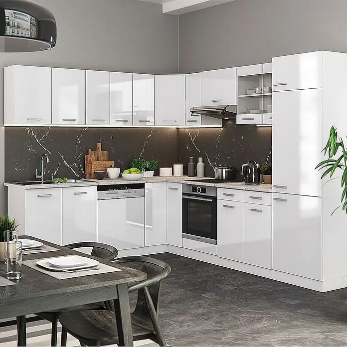 Vicco Schrankküche R-Line Weiß Hochglanz mit 1 Tür - Weiß Hochglanz, Eck-Dachschrägenschrank 76 cm - Weiße Hochglanz-L-förmige Küchenzeile mit integrierten Geräten und dunklem Marmor-Spritzschutz.